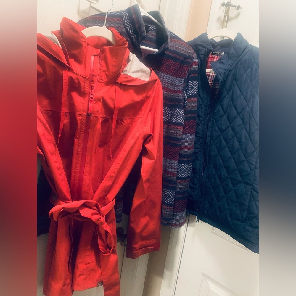Prana Raincoat, Eddie Bauer quarter zip fleece, and Lee wrangler vest size XL